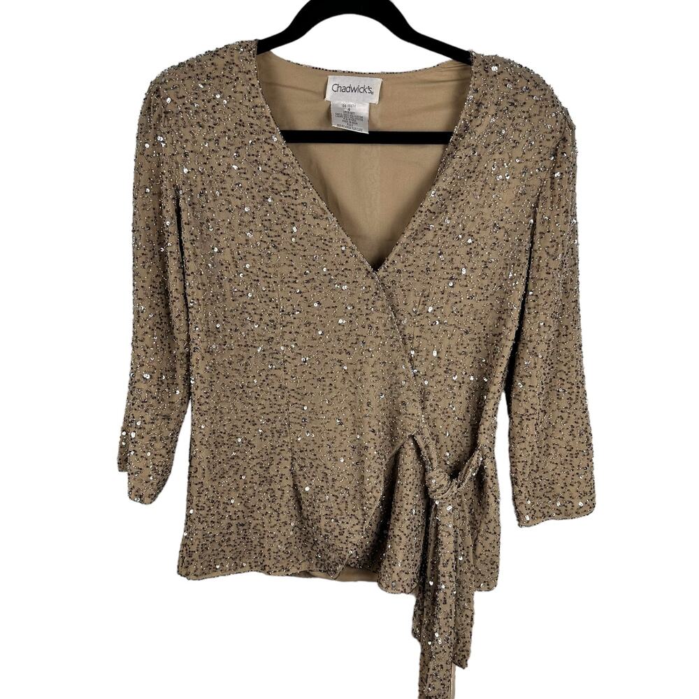 Chadwicks Sequin Beaded Wrap Top Womens SZ 4 Holiday Glam Party Evening Blouse